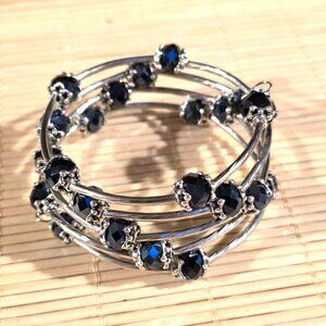 Silver Tone Crystal Wrap Bracelet With Black Faceted Beads & Filigree Details